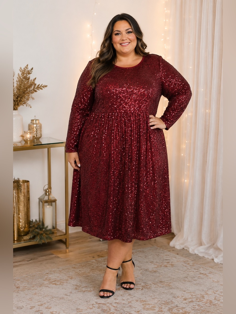 Marie Nicole Plus-Size Burgundy Sequin Midi Long Sleeve Elegant Dress Size 4X